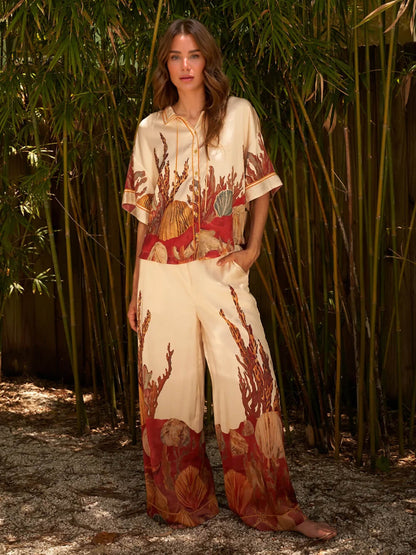 Exquisite Print High-Waisted Pocket Wide-Leg Pants