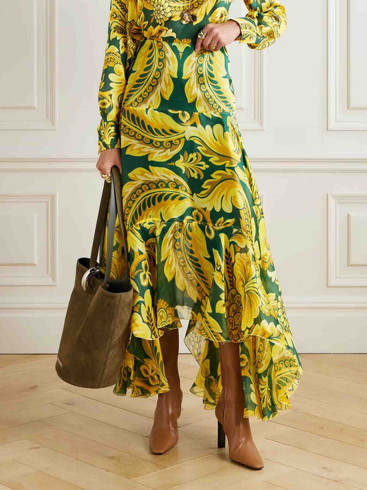 Exquisite Acanthus Leaf Floral Print Asymmetric Ruffled Skirt