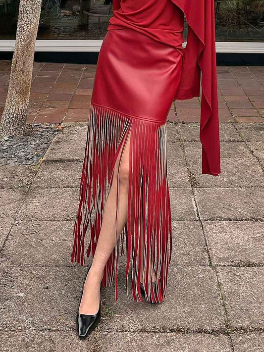 Exquisite High-Slit Fringe Leather Midi Skirt