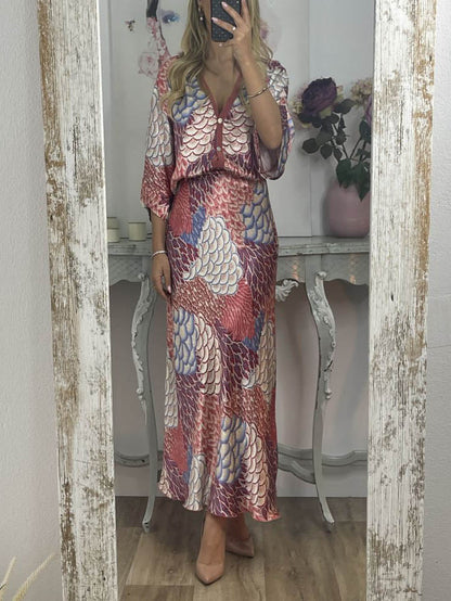 Elegant Vintage Satin Floral Print Fishtail Skirt