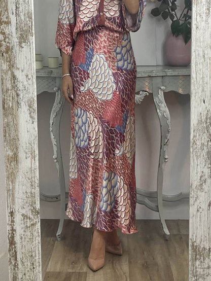 Elegant Vintage Satin Floral Print Fishtail Skirt