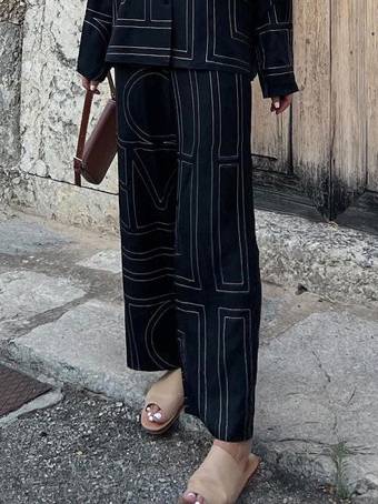 Geometric Letter Print Shirt Wide Leg Suit-Pants