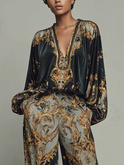 Retro Baroque Print Deep V-Neck Relaxed Fit Blouse