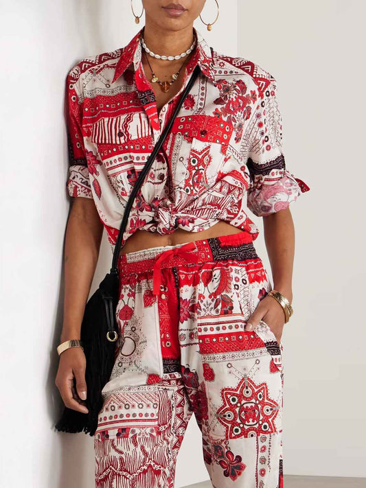 Casual Ethnic Floral Print Irregular Hem Shirt