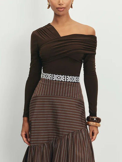 Elegant Off-the-shoulder Pleated Long-sleeved T-shirt