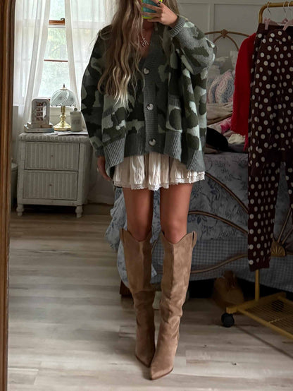 Casual Loose Camouflage Knitted Cardigan