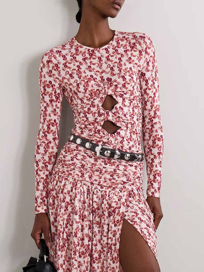 Exquisite Pleated Openwork Floral Print Stretch Knit T-shirt