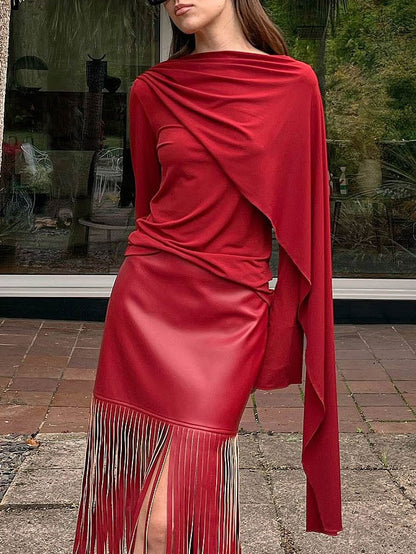 Exquisite High-Slit Fringe Leather Midi Skirt