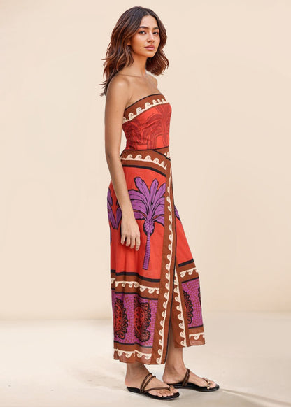 Unieke palmboom bloemen off-shoulder midi-jurk