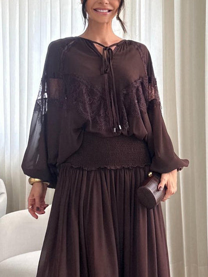 Elegant Lace-Panel Lantern Sleeve Chiffon Blouse