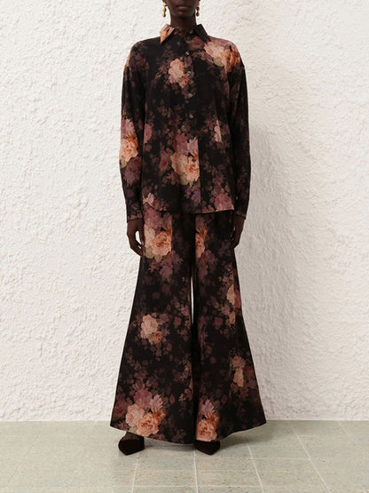 Geplooide broek met wijde pijpen met illustratieprint