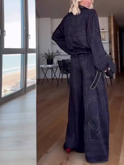 Geometric Letter Print Shirt Wide Leg Suit-Pants