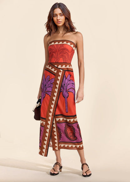 Unieke palmboom bloemen off-shoulder midi-jurk
