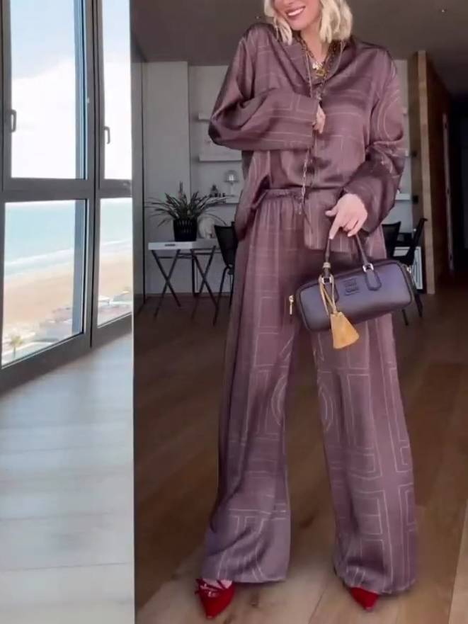 Geometric Letter Print Shirt Wide Leg Suit-Shirt