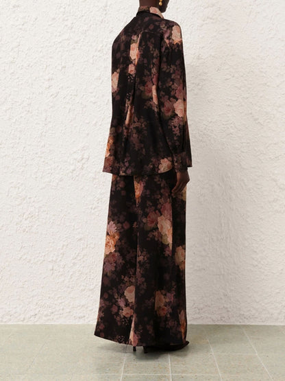 Geplooide broek met wijde pijpen met illustratieprint