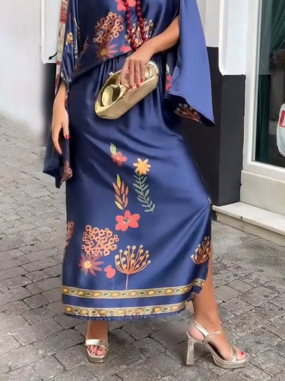 Exquisite Floral-Print Satin Slit Skirt