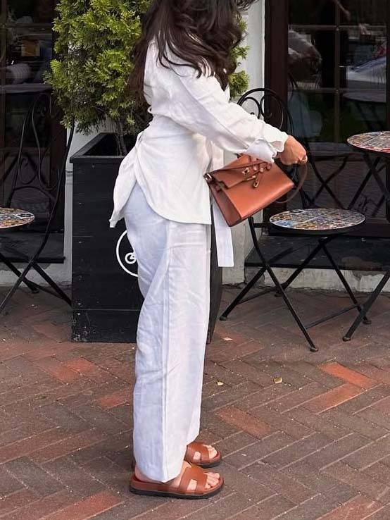 Minimalist Stand-up Collar Ribbon Back Lace-up Shirt and Wide Leg Pants Set-Pants