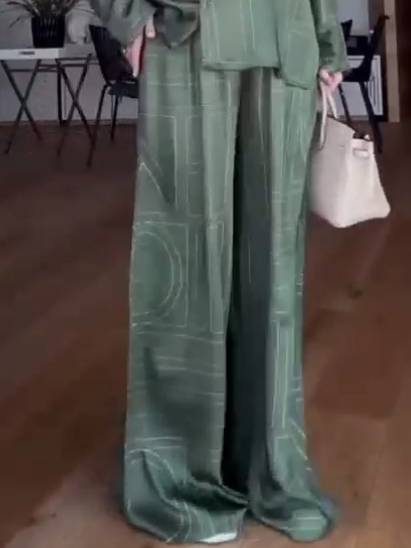 Geometric Letter Print Shirt Wide Leg Suit-Pants