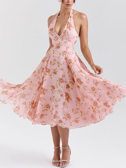 Prachtige retro midi-jurk met V-hals en rozenprint