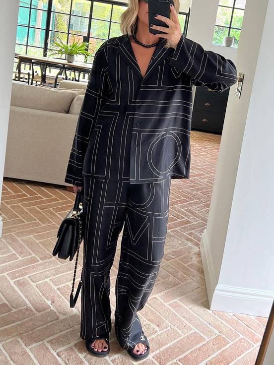 Geometric Letter Print Shirt Wide Leg Suit-Pants