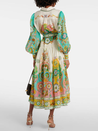 Unieke prachtige mode-print pofmouwen midi-jurk met stropdas