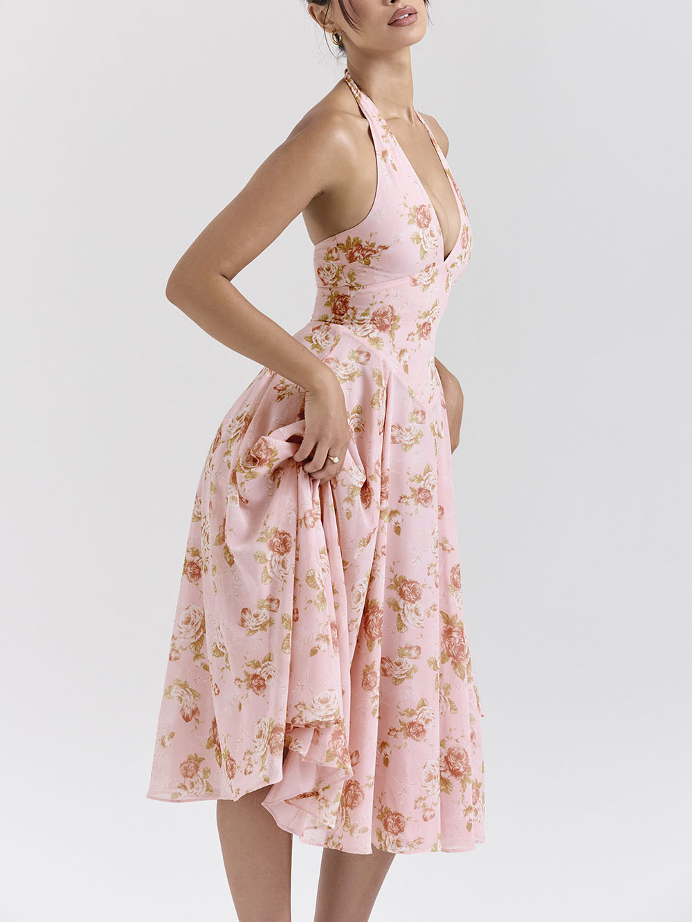 Prachtige retro midi-jurk met V-hals en rozenprint