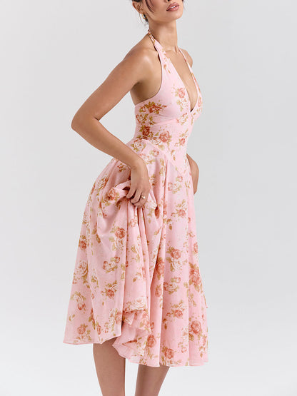 Prachtige retro midi-jurk met V-hals en rozenprint