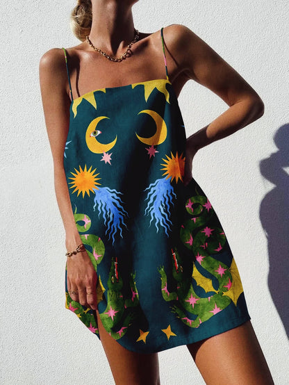 Unieke bedrukte spaghettibandjes backless mini-jurk