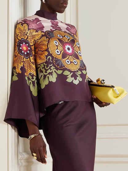 Retro Ethnic Print Satin Twill Maxi Skirt