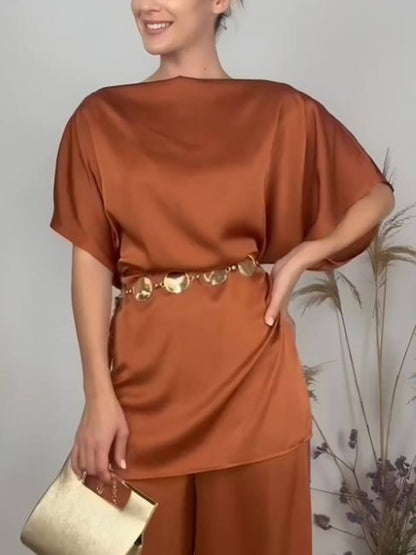 Elegant Pleated Satin High-Waisted Wide-Leg Pants