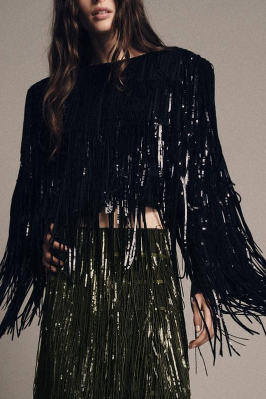 Exquisite Sequin Fringe Embellished Round-Neck Long-Sleeve Jacket