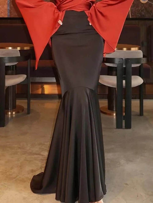 Fashion Satin High Rise Elastic Waist Flare Maxi Skirt