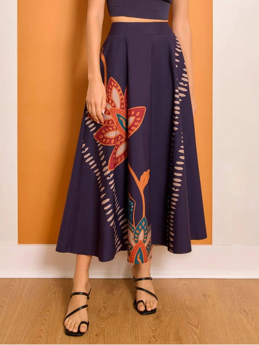 Exquisite Floral Print A-Line Pockets High-Waist Midi Skirt