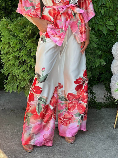 Delicate Floral Print Bell Sleeve Tie-Waist Blouse