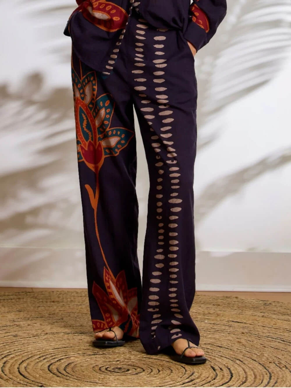Exquisite Floral Print Linen Elastic Waist Loose Pocket Trousers