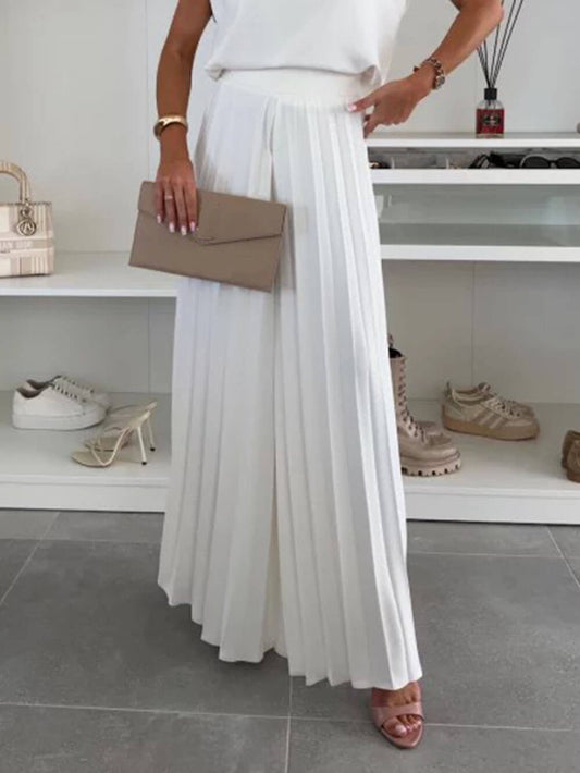 Fashionable Elastic Waist Pleated Wide-Leg Pants