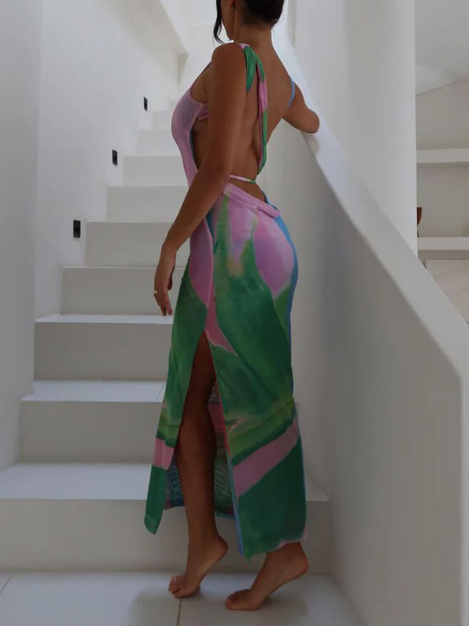 Sexy mouwloze midi-jurk zonder rug en zijsplitten
