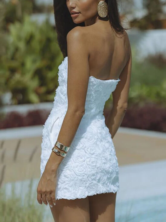 Strapless sexy rugloze effen kleur bloemen korte jurk