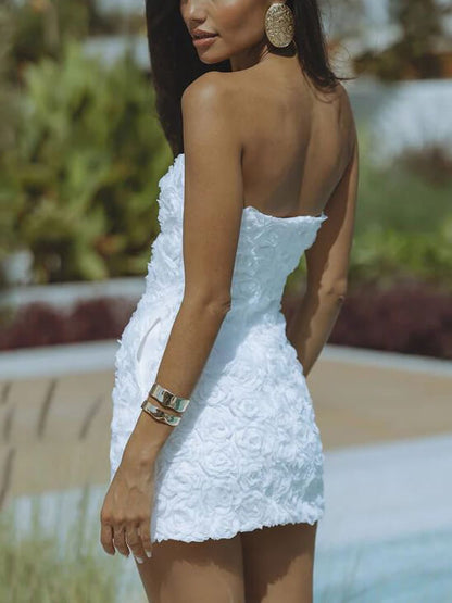 Strapless sexy rugloze effen kleur bloemen korte jurk
