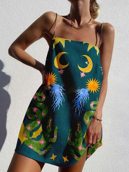 Unieke bedrukte spaghettibandjes backless mini-jurk