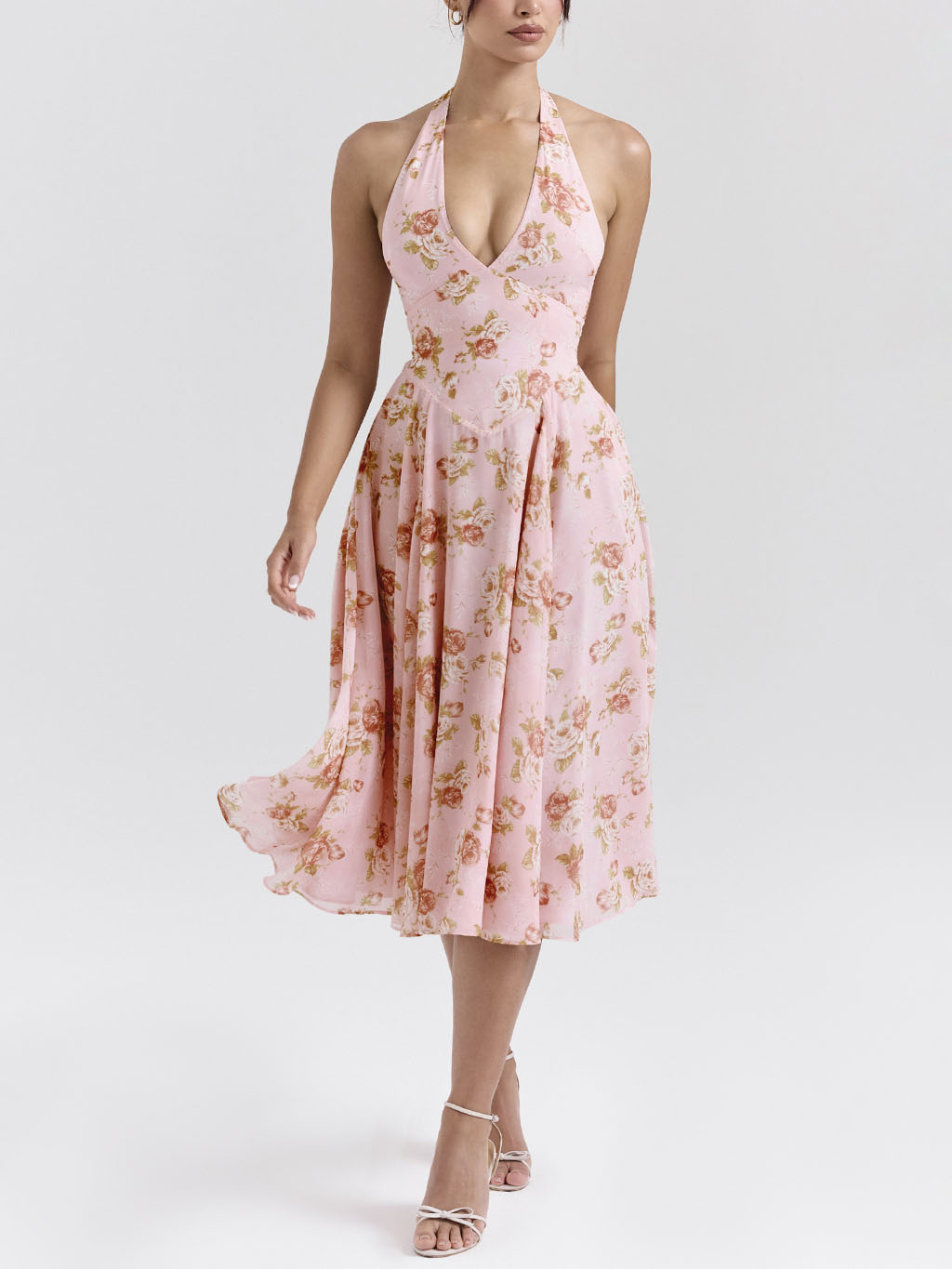 Prachtige retro midi-jurk met V-hals en rozenprint