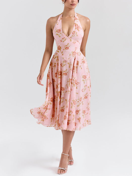 Prachtige retro midi-jurk met V-hals en rozenprint