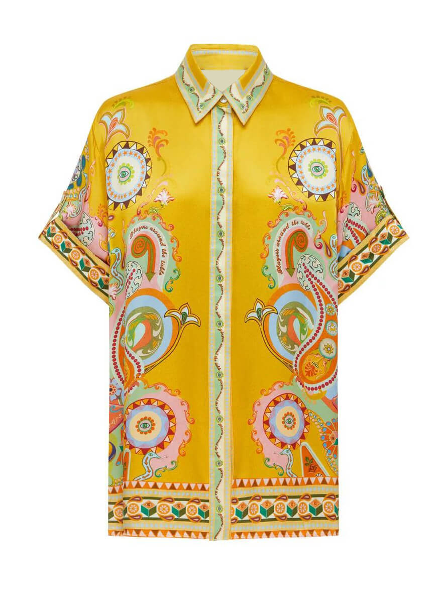 Verfijnd satijnen oversized overhemd met unieke cashewbloemenprint en knopen