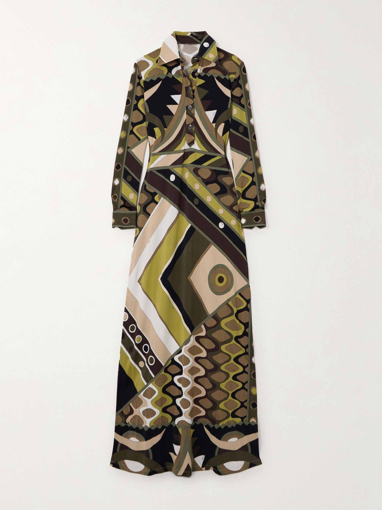 Maxi-jurk met retro persoonlijkheid en abstracte print met lange mouwen