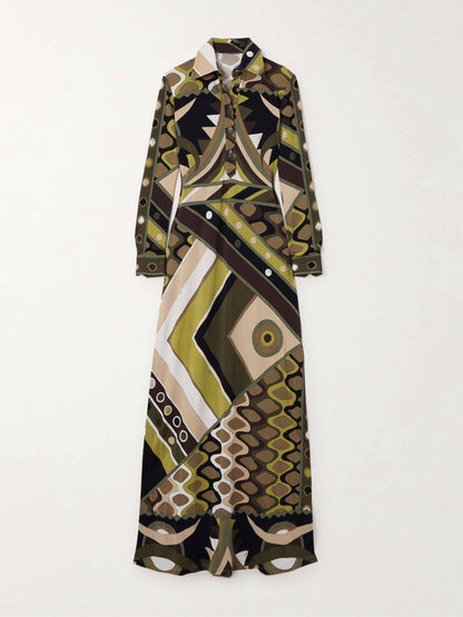 Maxi-jurk met retro persoonlijkheid en abstracte print met lange mouwen