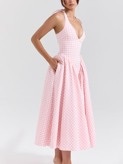 Elegante retro diepe V-hals geruite midi-jurk