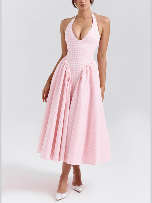 Elegante retro diepe V-hals geruite midi-jurk