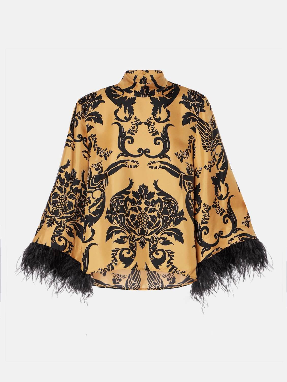 Etnische satijnen print veren manchetten losse top