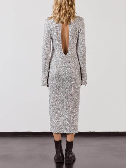 Pailletten Sparkly Nights lange mouw open rug losse midi-jurk