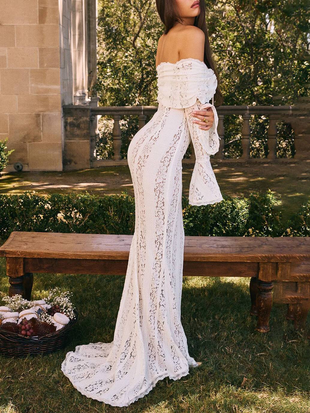 Elegante visstaart maxi-jurk met één schouder en kant
